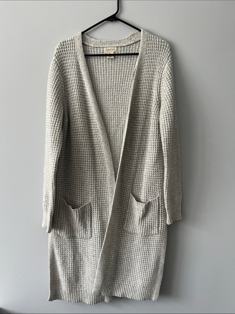 Open-Front Long Waffle Knit Cardigan - Light Gray